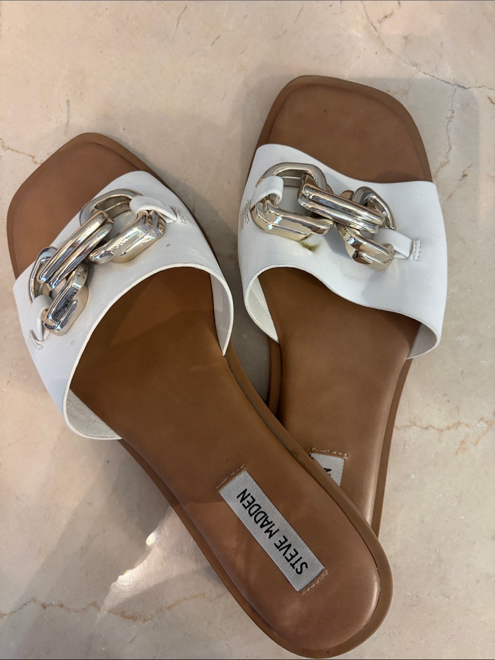 Steve Madden White Slide Sandals with Gold Chain Accent